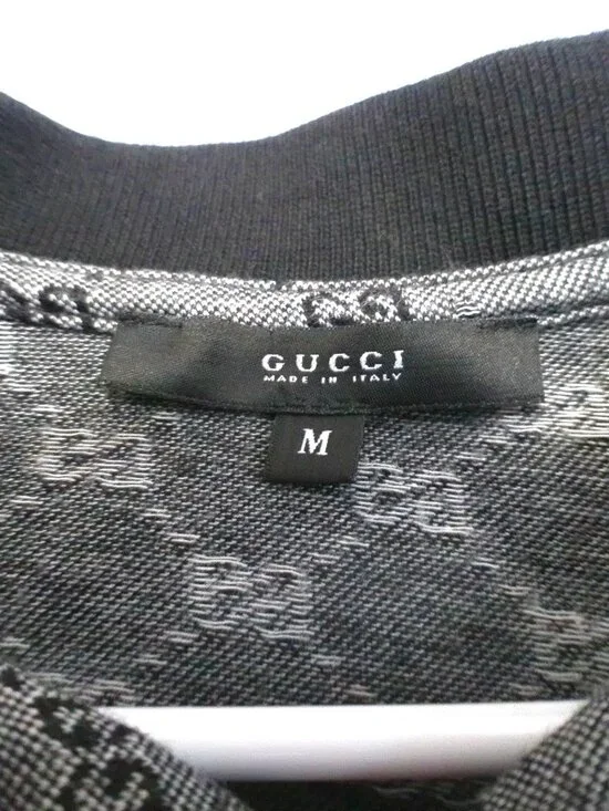 Gucci GG Monogram Long Sleeve Polo Shirt Gray Black Trim Italy Men’s Medium - Picture 2 of 4
